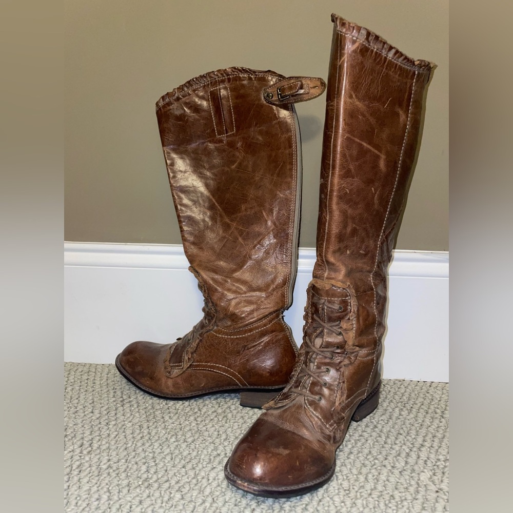 Leather vintage ruffle zip up boot